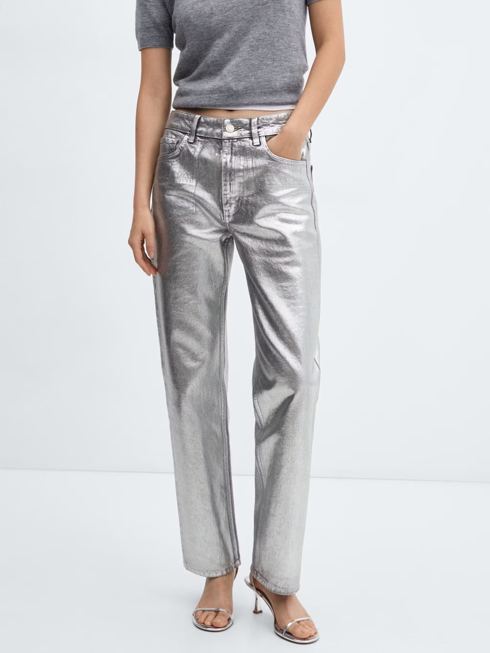 Mango Silver Metallic Straight-Leg Jeans